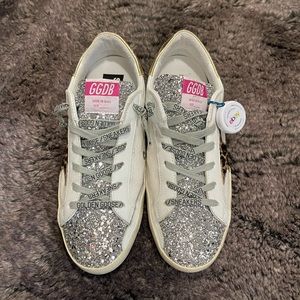 Golden goose glitter superstar with gold heel tab size 39